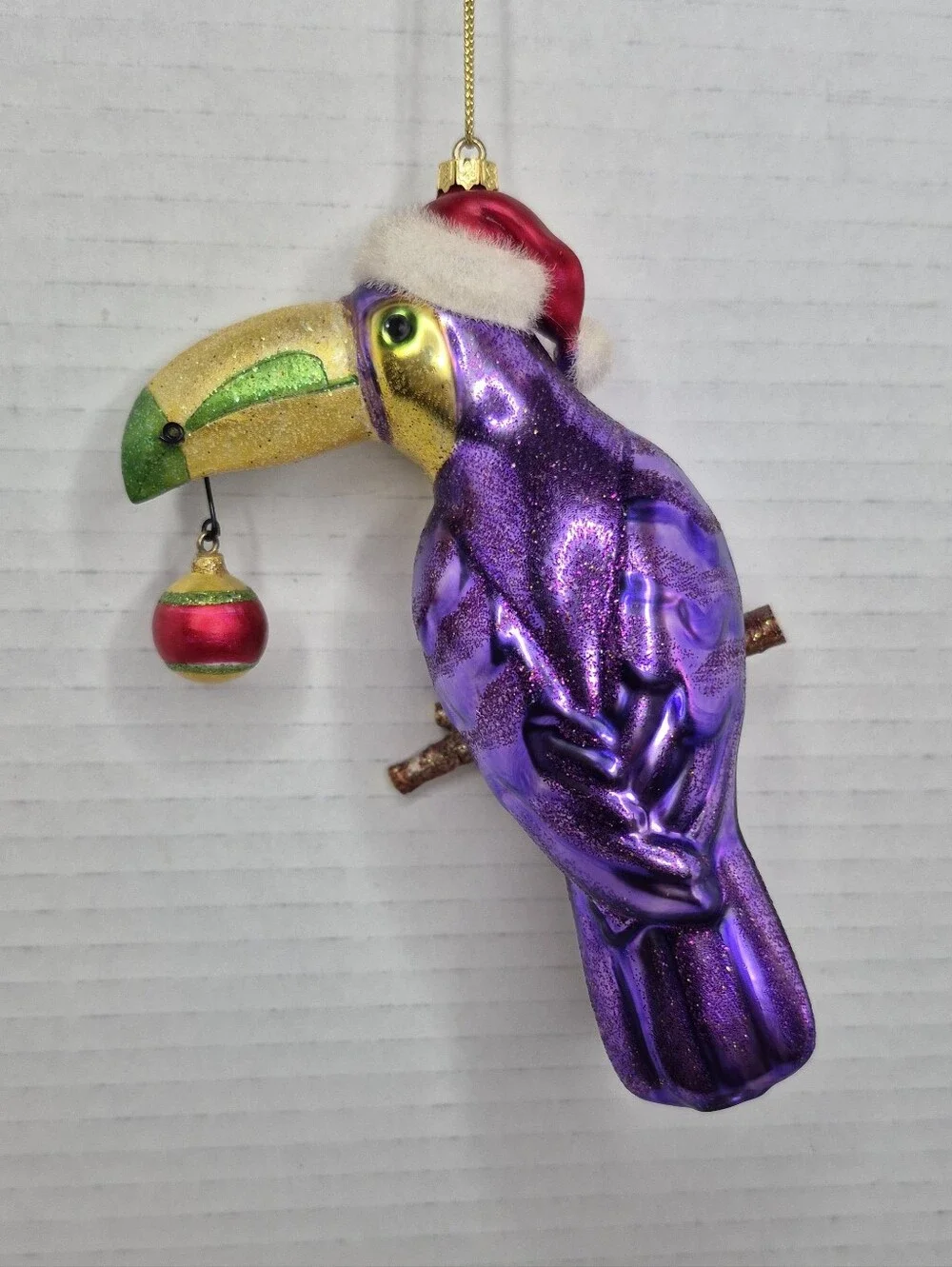 Colorful Christmas Toucan Bird with Santa Hat and Ball Ornament NWOT